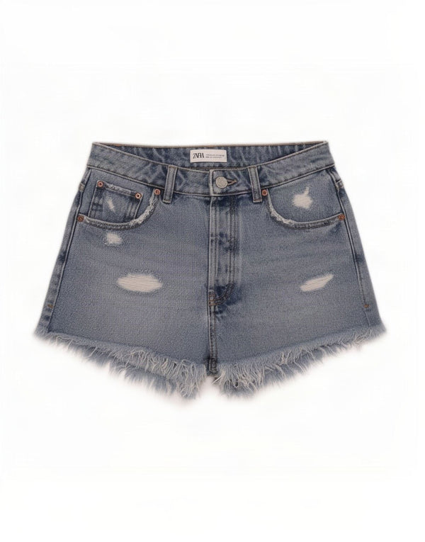 Zara Womens Distressed Denim Shorts EU 34 2XS W24 Blå