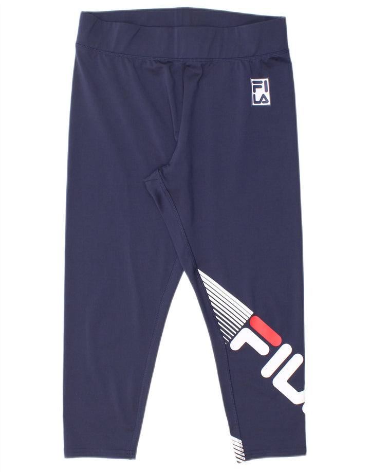 FILA Womens Graphic Capri Leggings UK 12 Medium  Navy Blue Polyester