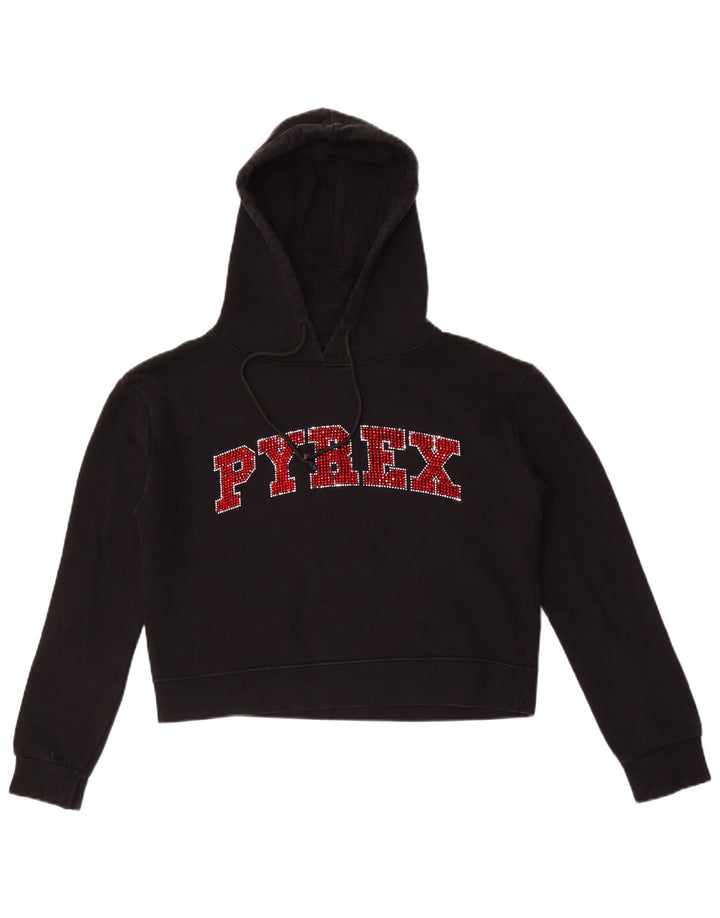 Pyrex Womens Crop Graphic Hoodie Jumper UK 14 Medium Black Bomuld