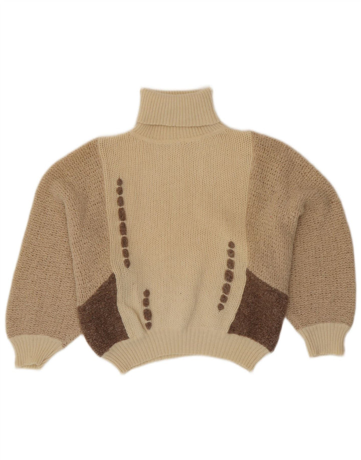 VINTAGE Dame Rullehalstrøje IT 42 Medium Beige Colourblock
