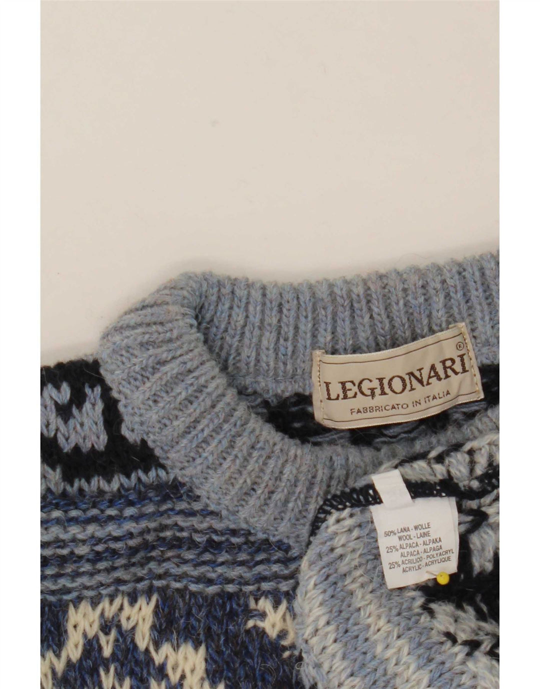 Vintage Herre Crew Neck Jumper Sweater IT 48 Medium Blue Fair Isle Wool