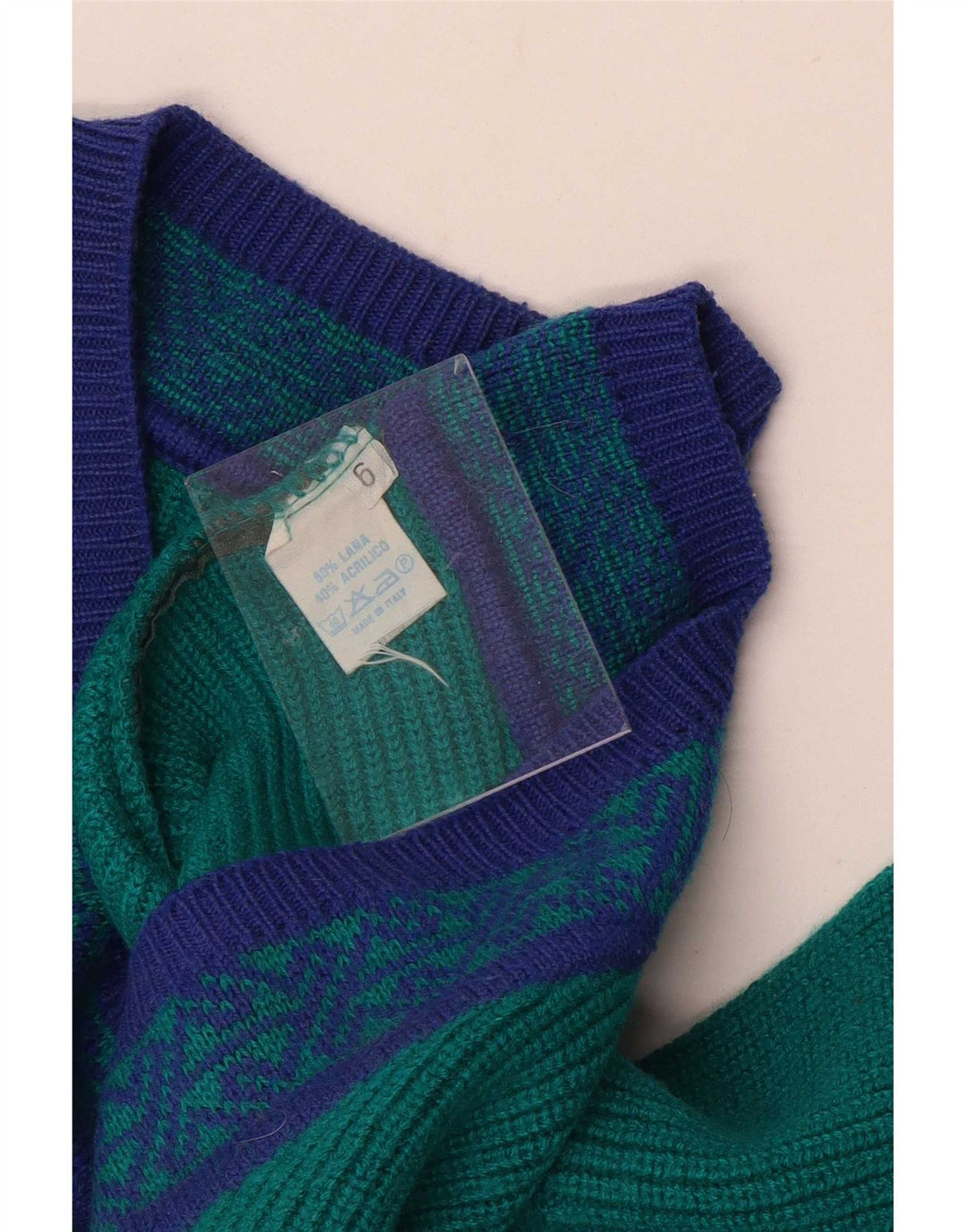 Vintage herre V-hals sweater stor grøn geometrisk uld