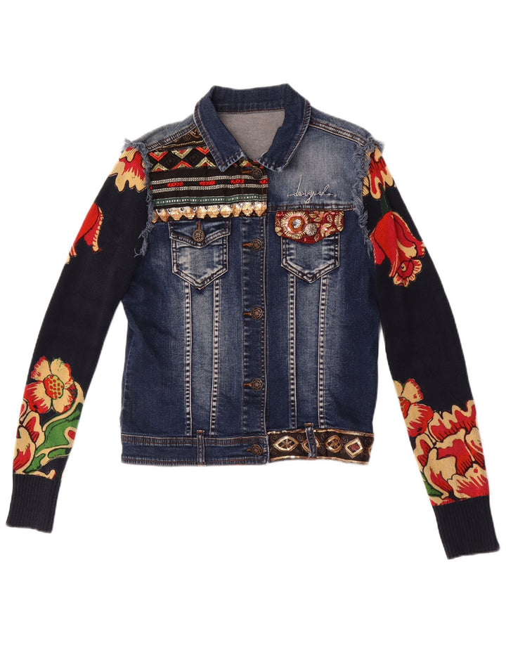 Desigual Dame grafisk denimjakke EU 38 Mellem marineblå blomsterbomuld