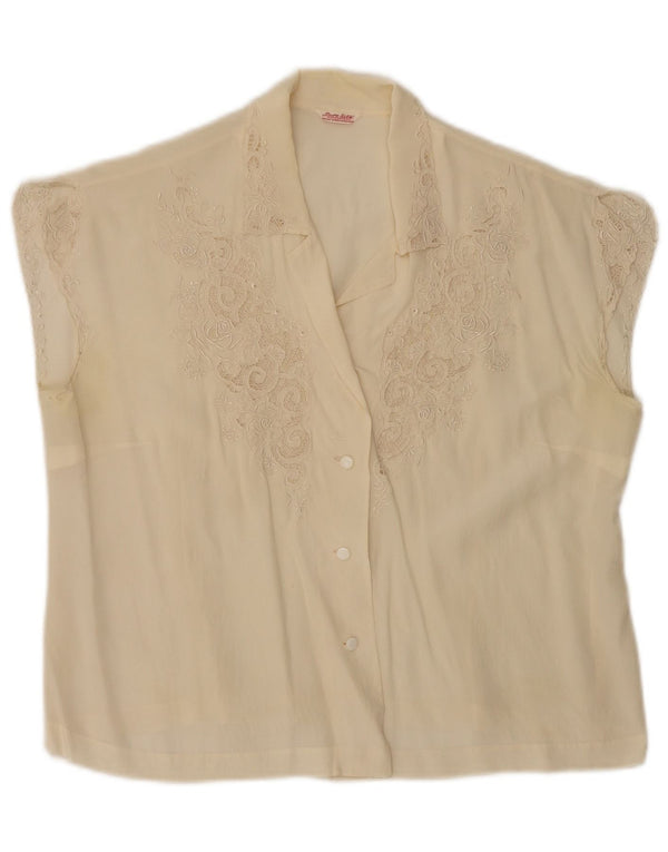 Vintage ærmeløs skjortebluse til kvinder EU 40 Medium Off White Floral Silke