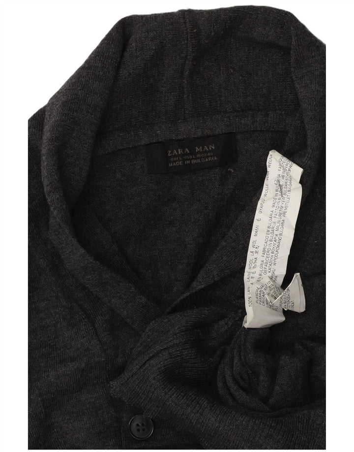 Zara Herre Shawl Neck Jumper Sweater Stor Grå Uld