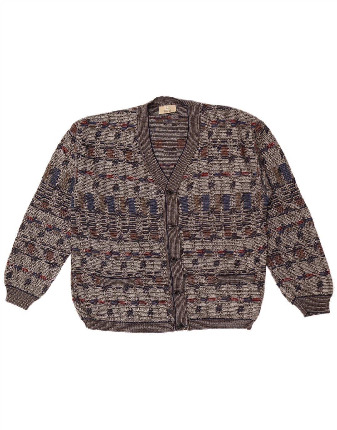 Rodes Herre Cardigan Sweater Medium Grå Geometrisk Bomuld