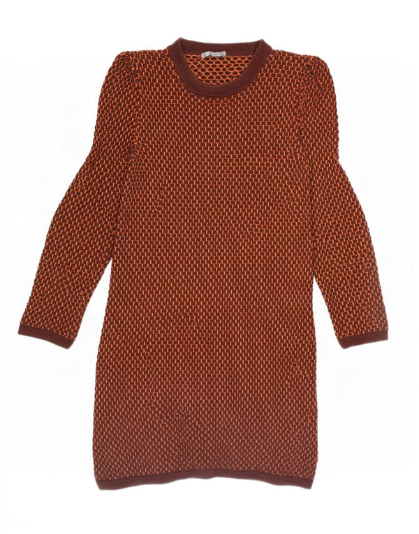 Cos Dame Langærmet Jumper Kjole UK 6 XS Brun Geometrisk Bomuld