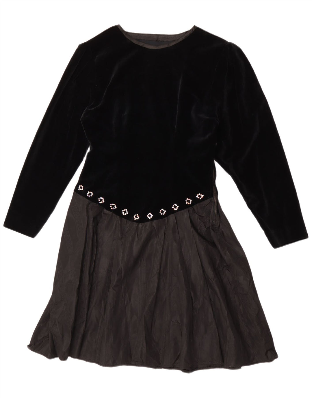 Vintage Dame Langærmet A-Line Kjole UK 14 Medium Sort