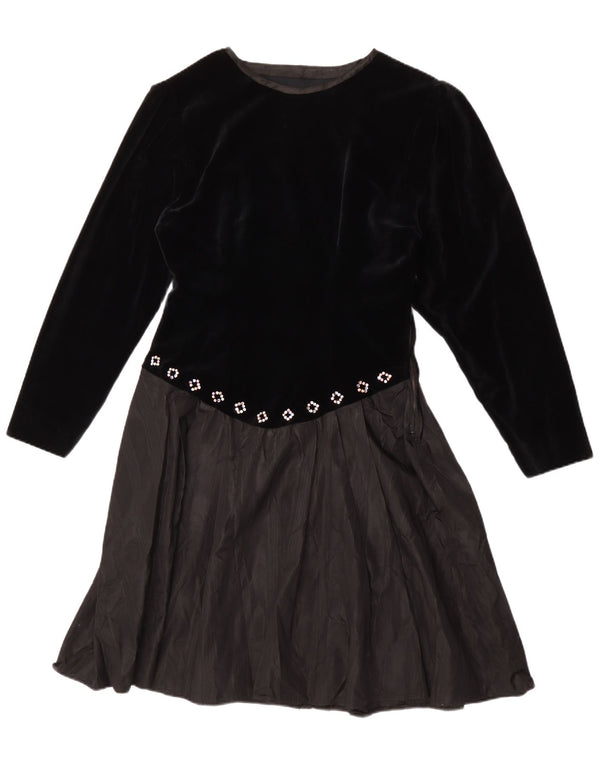 Vintage Dame Langærmet A-Line Kjole UK 14 Medium Sort