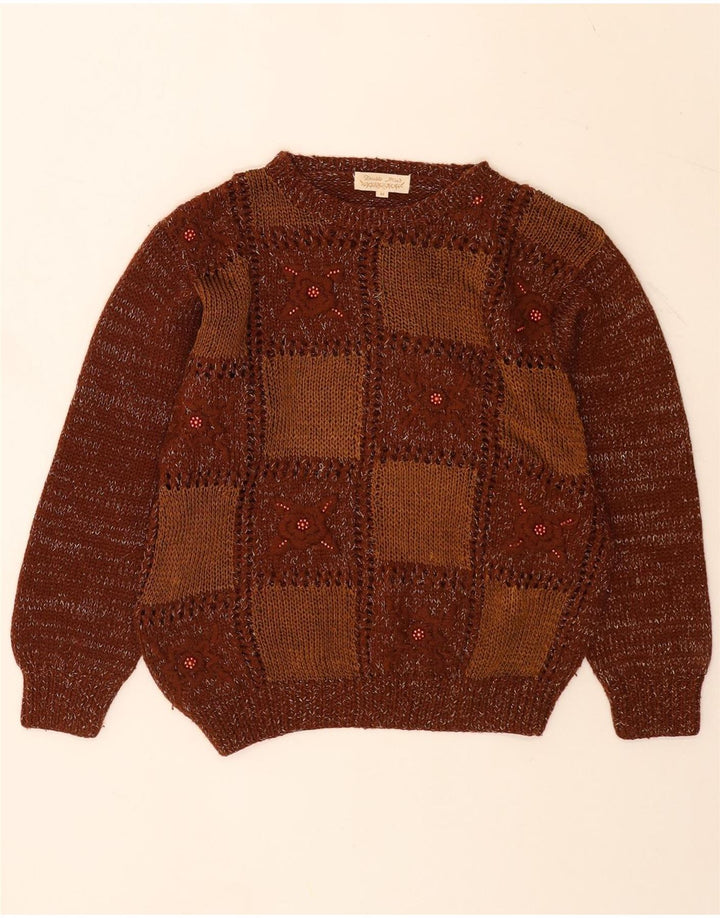 Vintage dame sweater med rund hals DK 14 medium brun patchwork