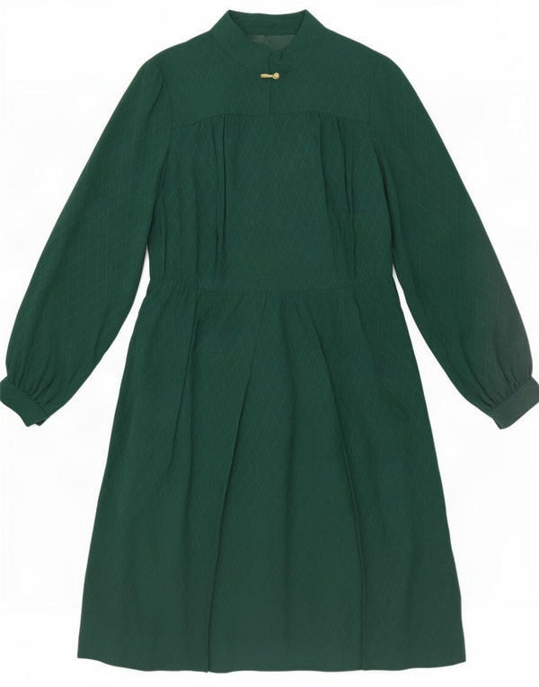 Vintage Dame Langærmet A-Line Kjole UK 14 Medium Green Geometric