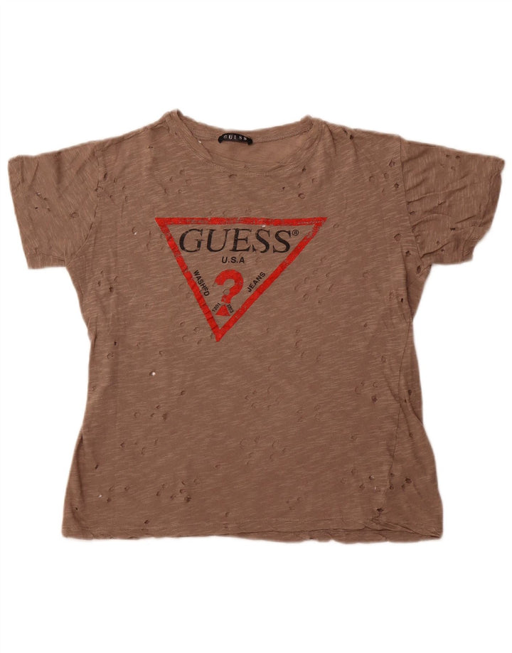 Guess Womens Perforeret grafisk T-shirt Top UK 14 Medium Brun