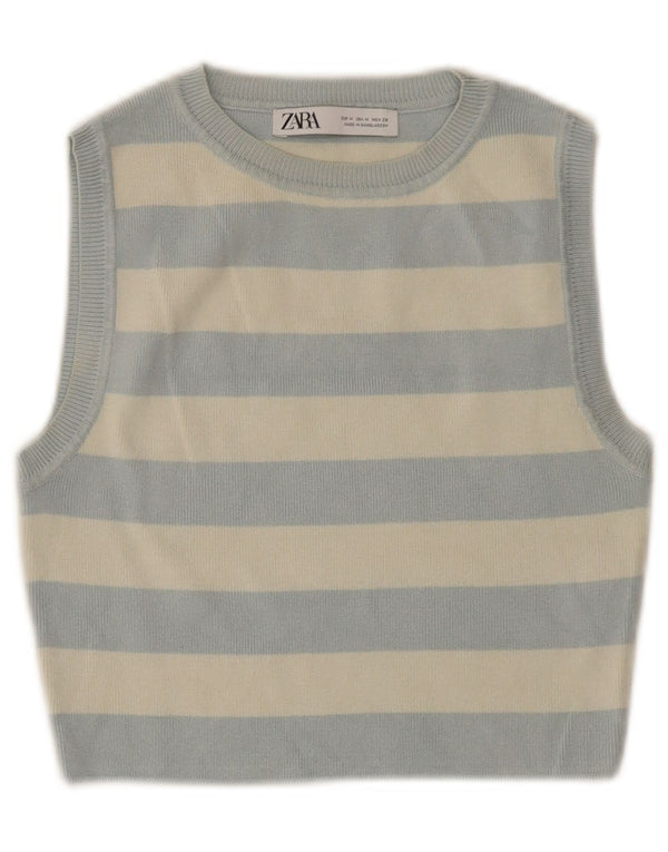 ZARA Dame Crop Vest Tank Top UK 12 Medium Blue Striped Viscose