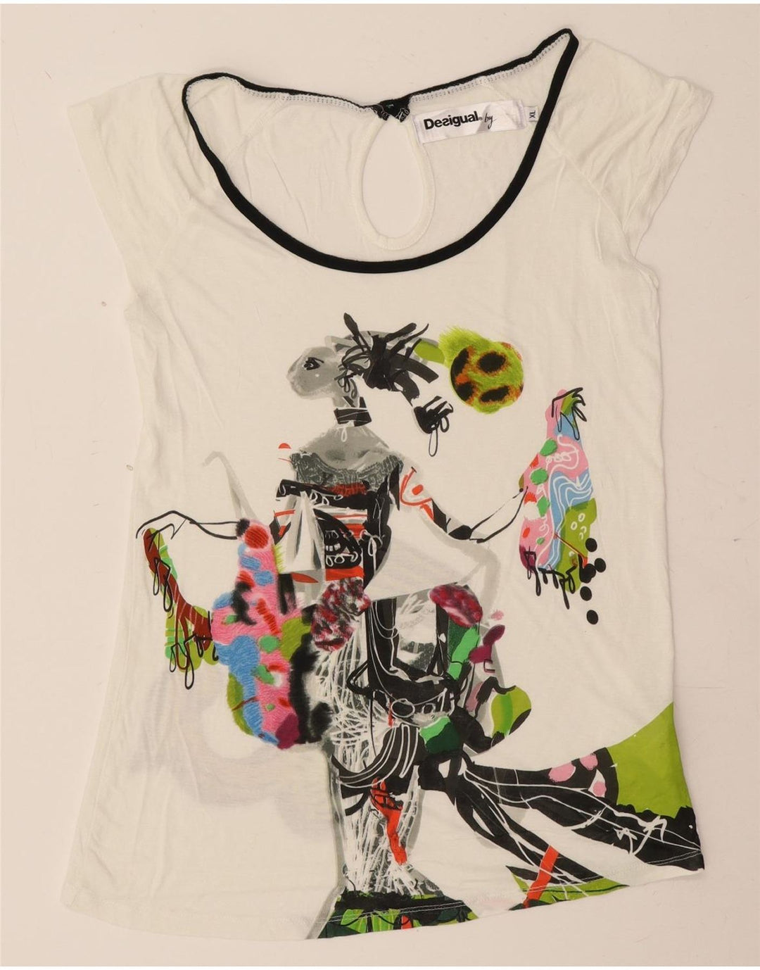 Desigual Dame Grafisk T-Shirt Top UK 18 XL Off White Viscose