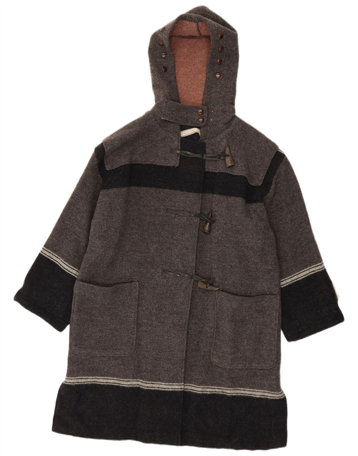 Vintage Herre Hooded Duffel Coat IT 42 XL Grå Colourblock Virgin Wool