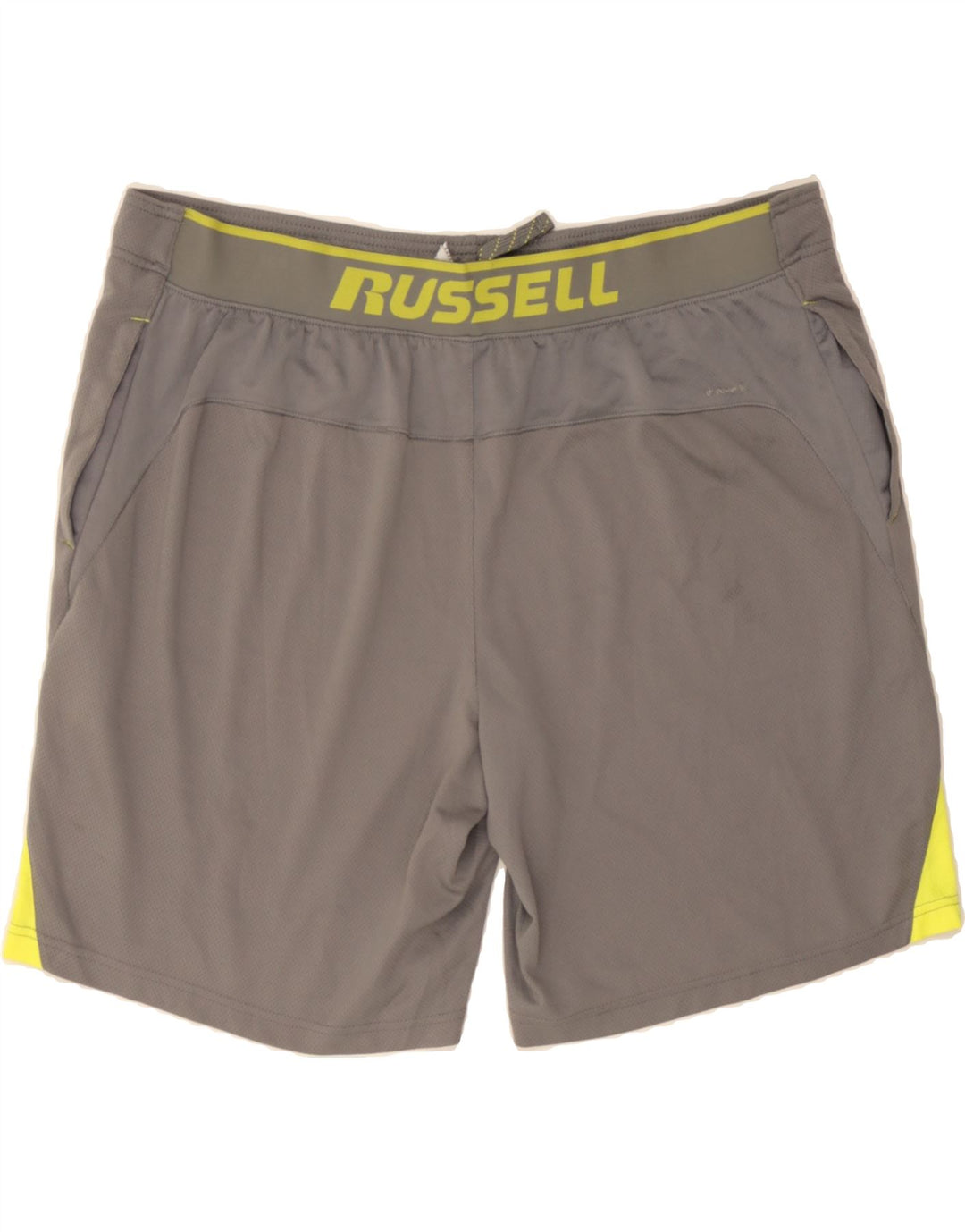 RUSSELL ATHLETIC Mens Graphic Sport Shorts XL Grey Colourblock Polyester Vintage Russell Athletic and Second-Hand Russell Athletic from Messina Hembry 