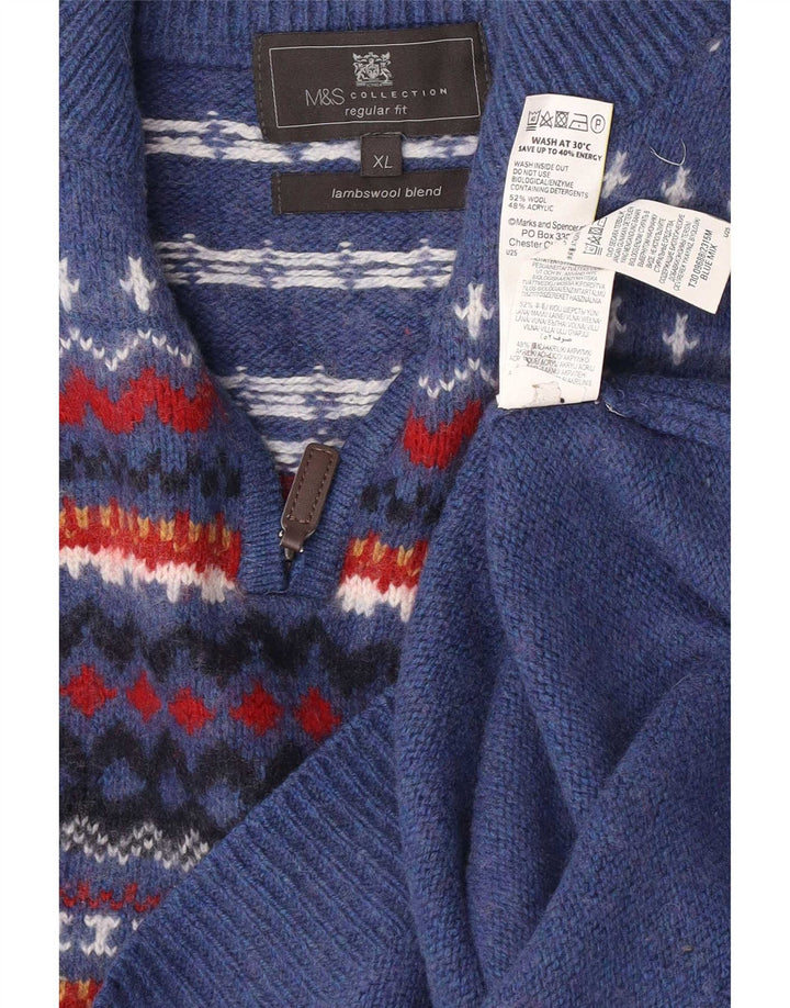 Marks & Spencer Herre Regular Fit Zip Neck sweater XL Blue Fair Isle