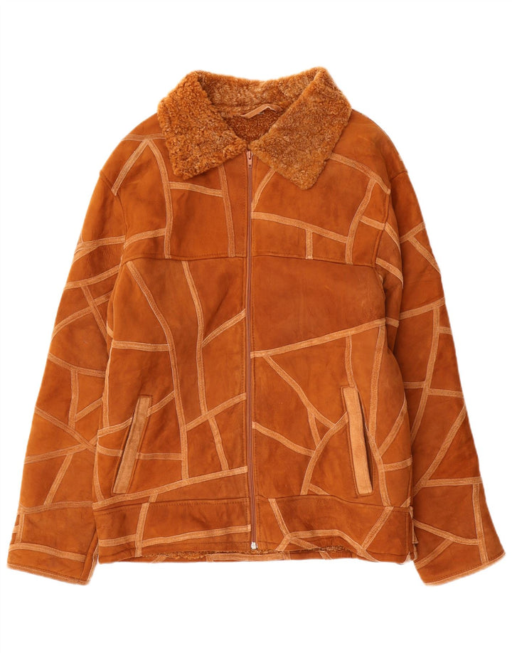 Vintage Dame Shearling Jacket UK 14 Medium Brown Geometric