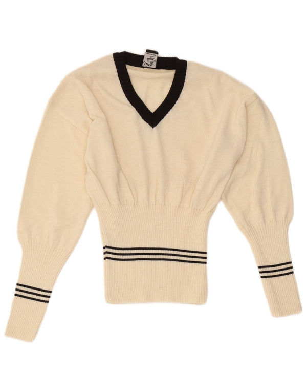 Vintage Dame V-hals sweater UK 8 Small Off White stribet uld