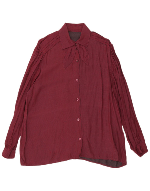 Vintage Dame Front Tie Shirt UK 16 Large Burgundy Pinstripe