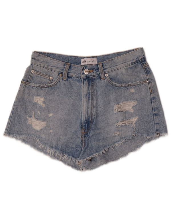 Zara Womens Distressed High Waist denimshorts EU 38 Small W28 Blue Cotton
