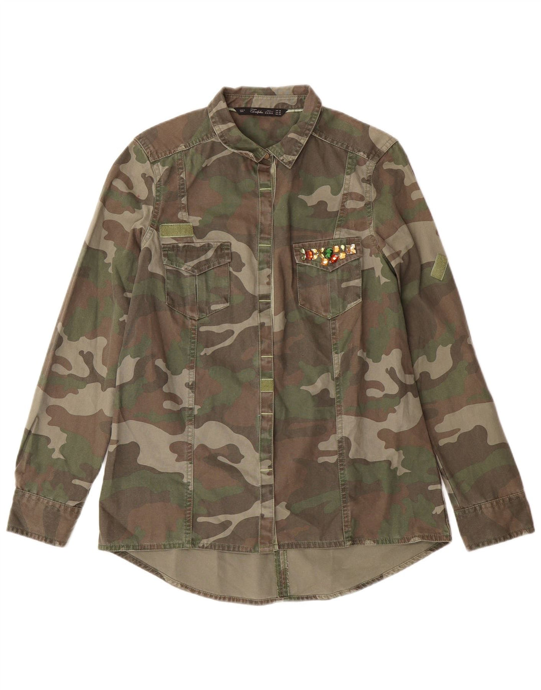 ZARA Militærskjorte til kvinder UK 12 Medium Khaki Camouflage Bomuld