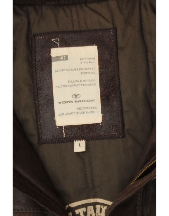 Tom Tailor Herre Grafisk Læder Bomber Jacket UK 40 Stor Brun Læder