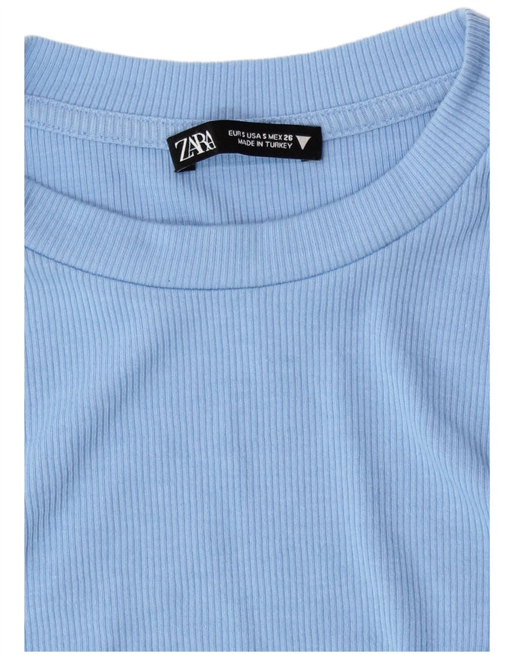 Zara Womens Crop Langærmet Bluse Top UK 8 Small Blue Polyester