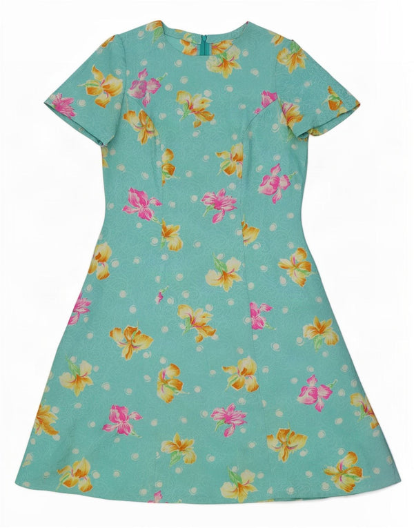 Vintage Dame A-Line Kjole UK 12 Medium Turkis Floral