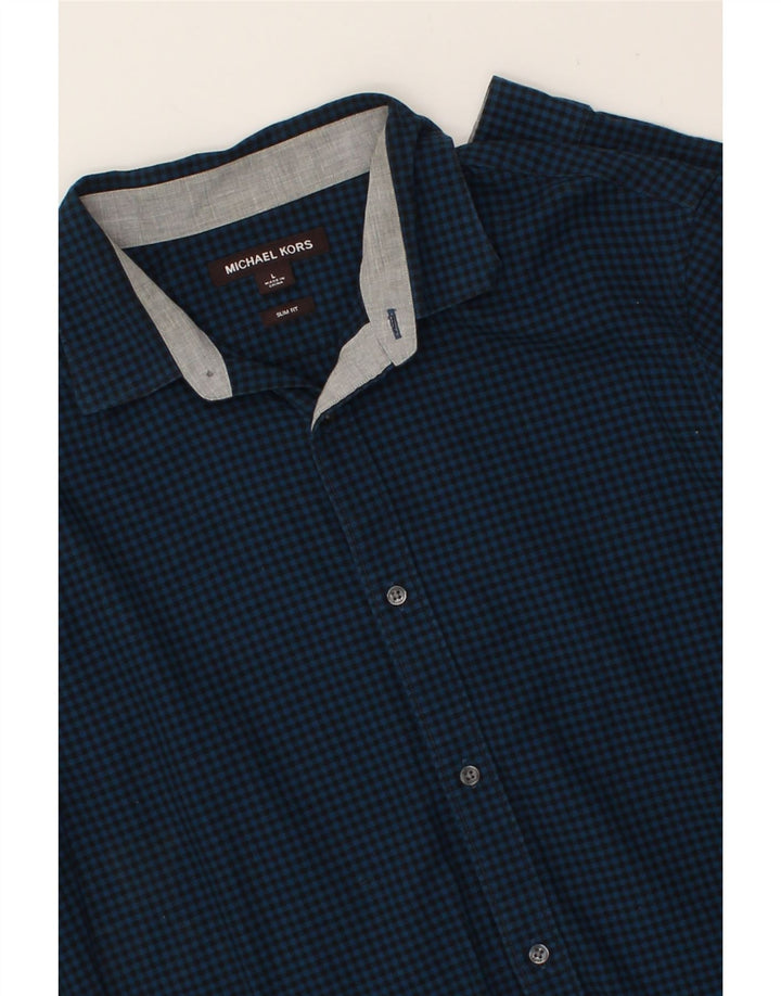MICHAEL KORS Mens Slim Fit Shirt Large Navy Blue Check Cotton Vintage Michael Kors and Second-Hand Michael Kors from Messina Hembry 