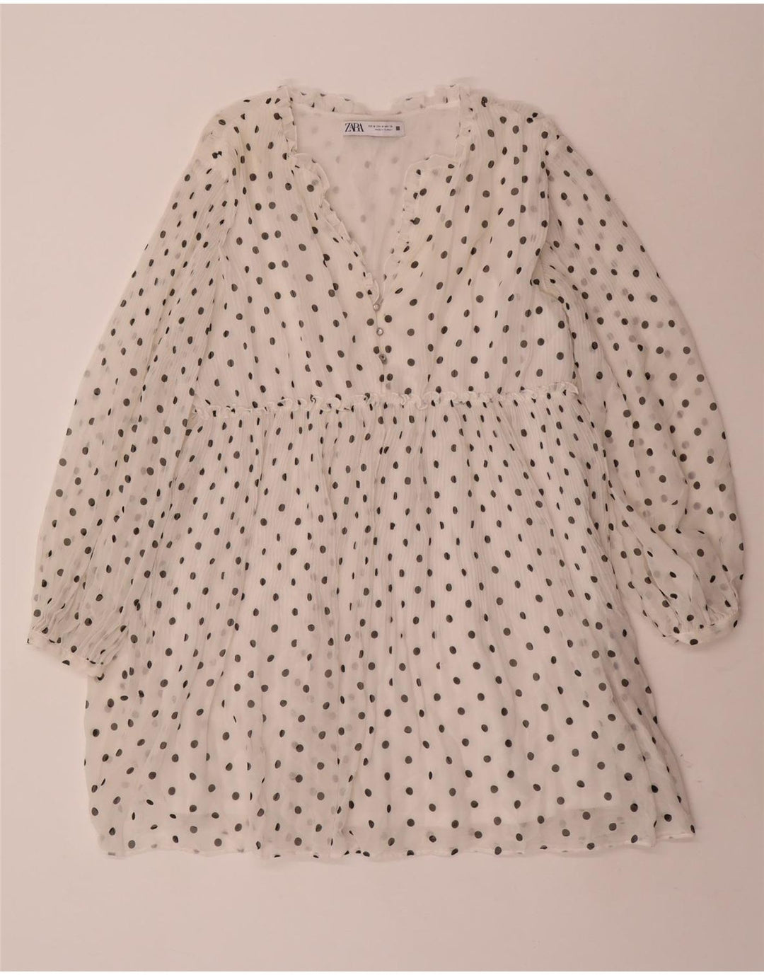 ZARA Langærmet A-line kjole til kvinder UK 14 Medium hvid plettet polyester