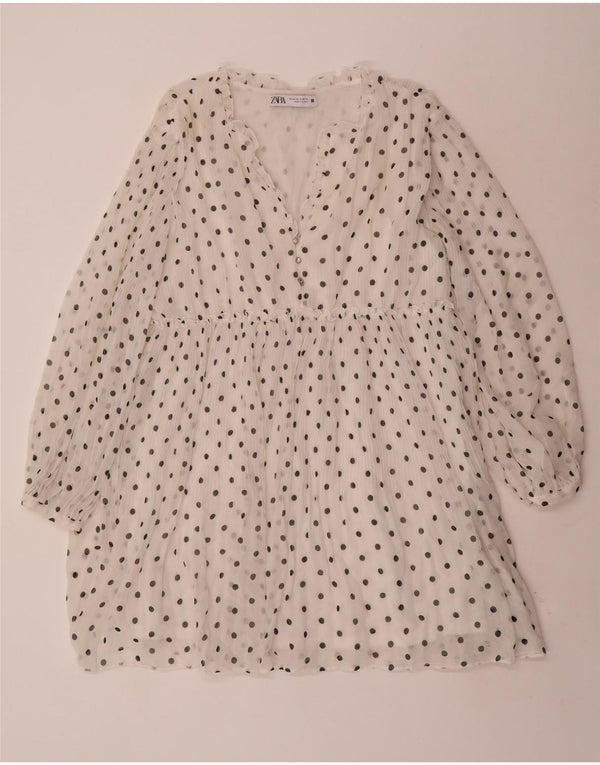 ZARA Langærmet A-line kjole til kvinder UK 14 Medium hvid plettet polyester