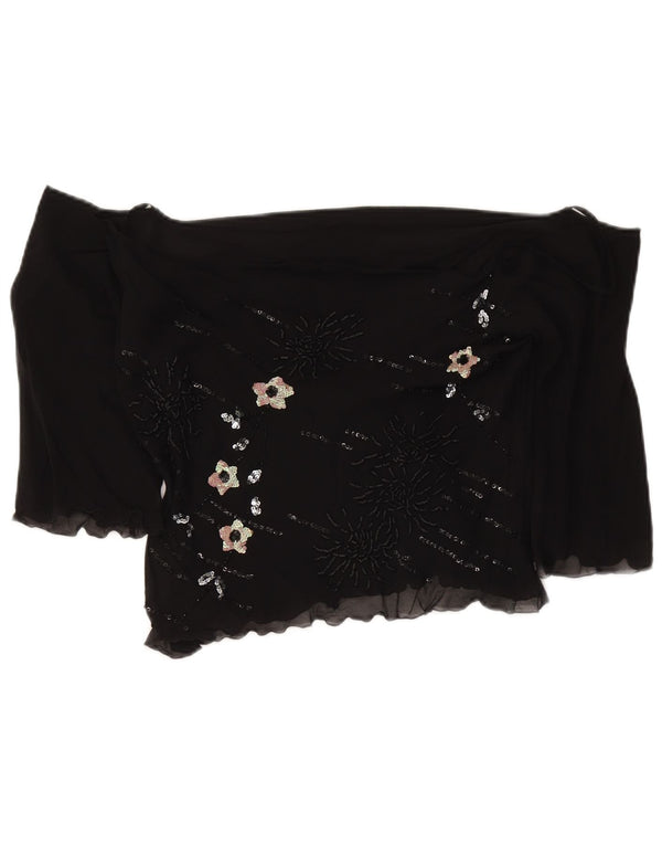Vintage Dame Crop 3/4 ærme off Shoulder Top UK 18 XL sort blomstret silke