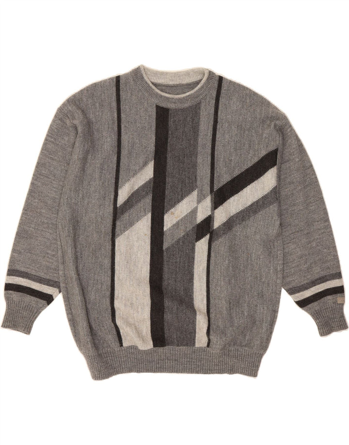 VINTAGE Mens Crew Neck Jumper Sweater Large Grey Striped Vintage Vintage and Second-Hand Vintage from Messina Hembry 