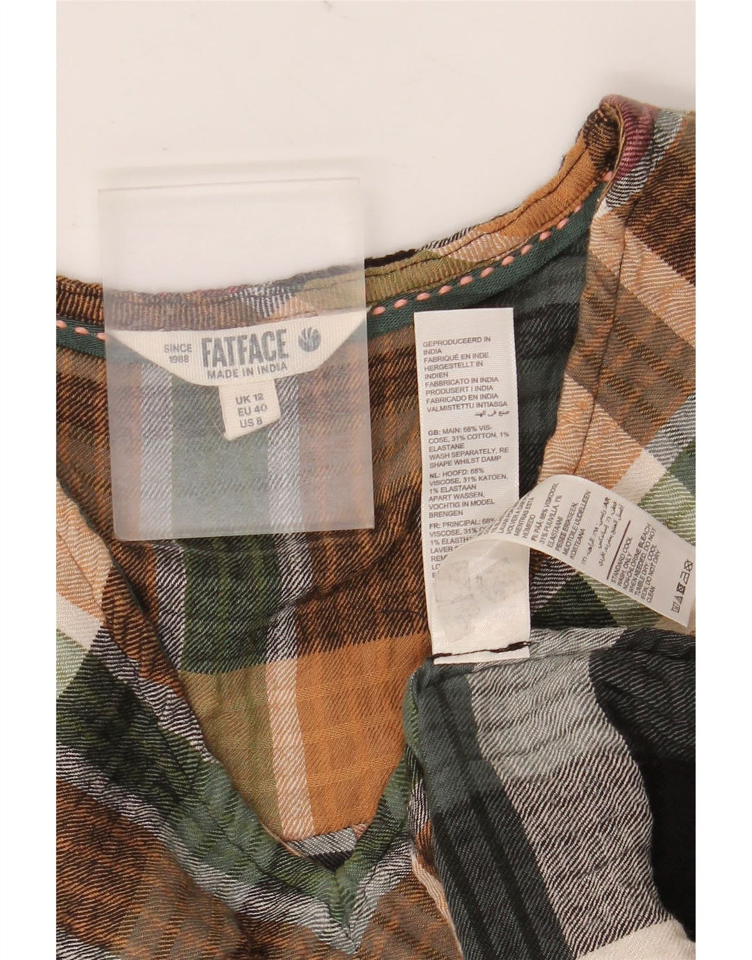 FAT FACE Dame Langærmet Bluse Top UK 12 Medium Flerfarvet Ternet