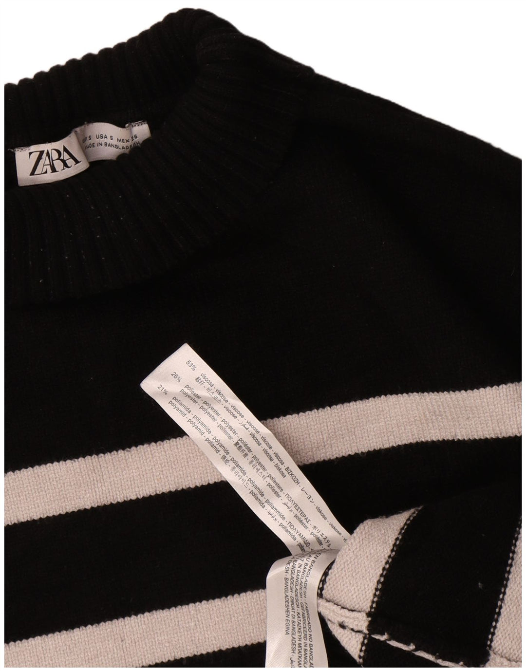 Zara Dame Oversized Turtle Neck Jumper Sweater UK 10 Lille sort stribet
