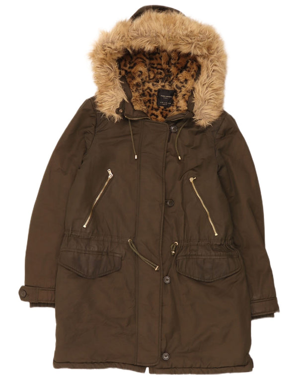 Zara Sherpa Parkajakke med hætte til kvinder UK 14 Medium Khaki
