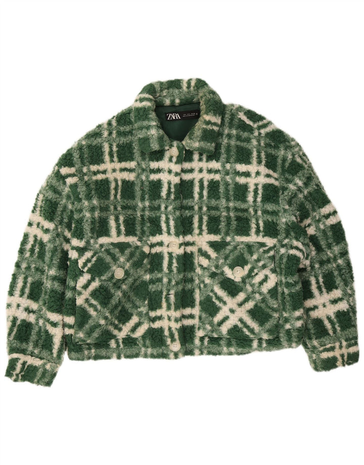 Zara Dame Oversized Fleecejakke UK 14 Stor grøn ternet polyester
