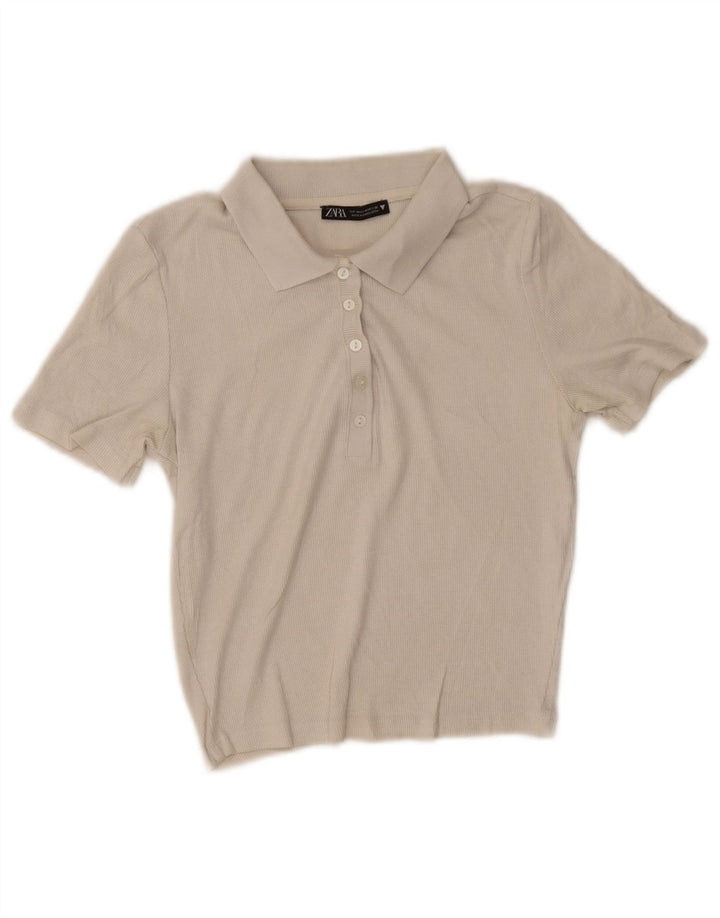 Zara Womens Crop Polo Shirt UK 12 Medium Beige Bomuld