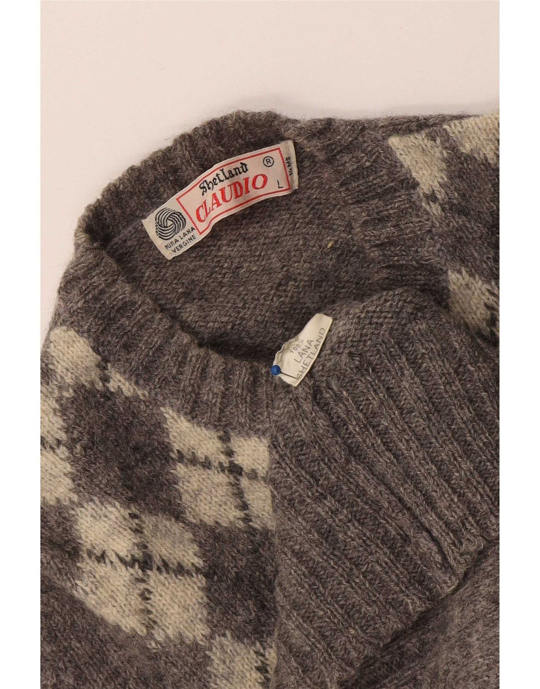 Claudio Womens Crew Neck Jumper Sweater UK 14 Large Grey Argyle/Diamond