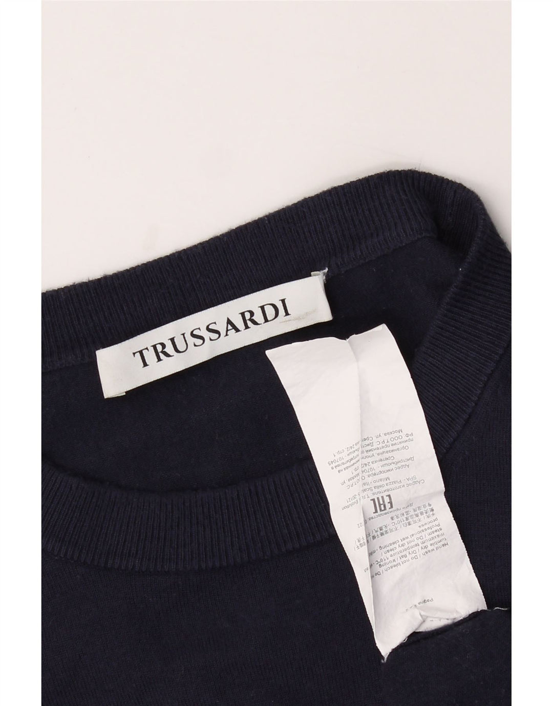 TRUSSARDI Mens Crew Neck Jumper Sweater Medium Navy Blue Viscose Vintage Trussardi and Second-Hand Trussardi from Messina Hembry 