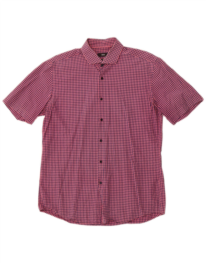 Hugo Boss Kortærmet Slim Fit Skjorte til mænd Large Pink Gingham