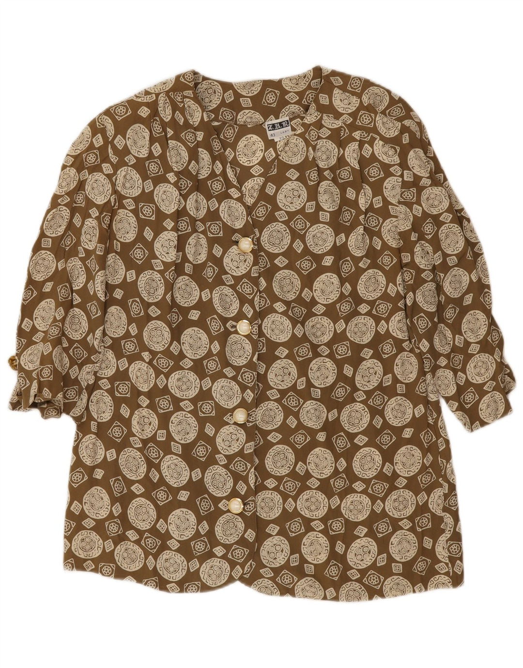 Vintage skjortebluse med 3/4 ærmer til kvinder IT 43 Medium Khaki Geometrisk Acetat