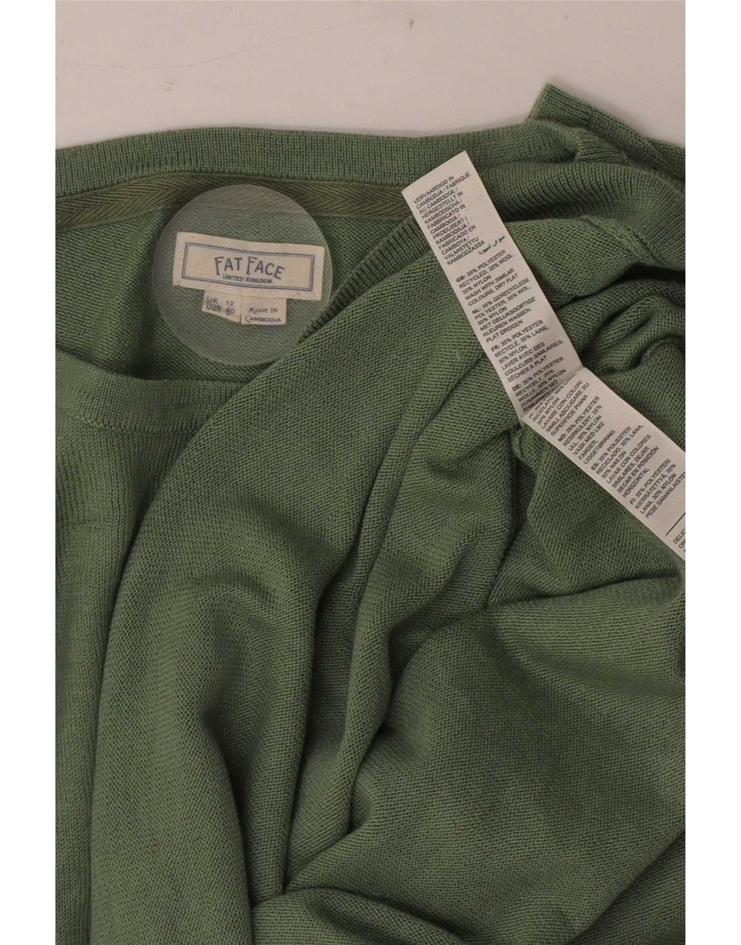 Fat Face Dame Boat Neck Jumper Sweater UK 12 Medium Green Polyester