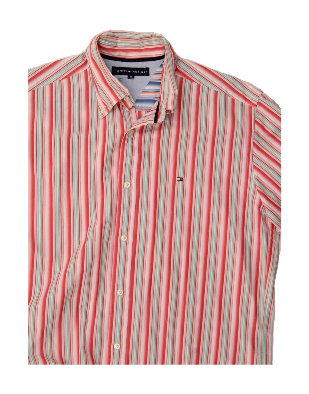 TOMMY HILFIGER Mens Short Sleeve Shirt Medium Red Striped Cotton Vintage Tommy Hilfiger and Second-Hand Tommy Hilfiger from Messina Hembry 