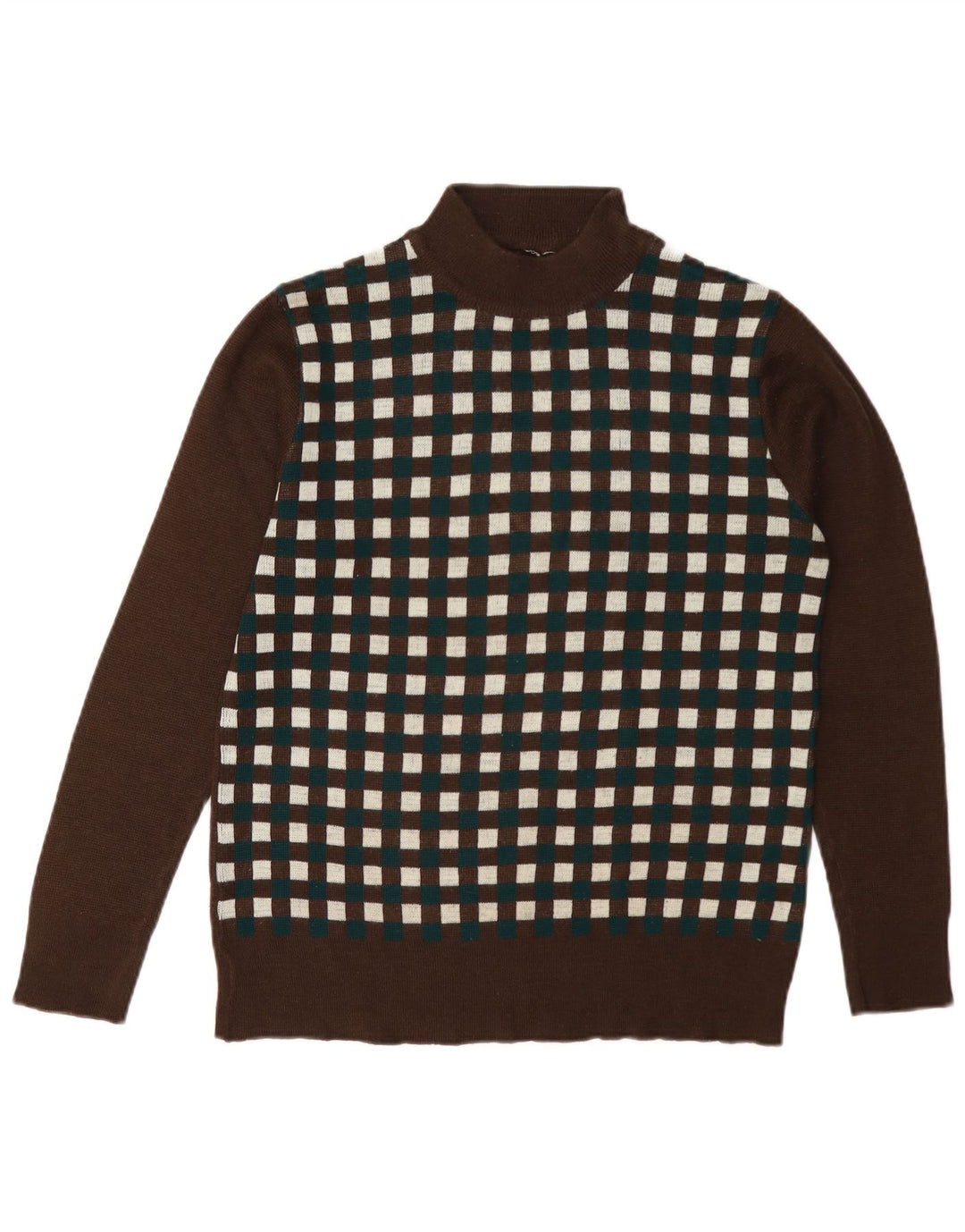 Vintage Dame Turtle Neck Jumper Sweater UK 12 Medium Brun Geometrisk