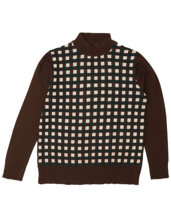 Vintage Dame Turtle Neck Jumper Sweater UK 12 Medium Brun Geometrisk