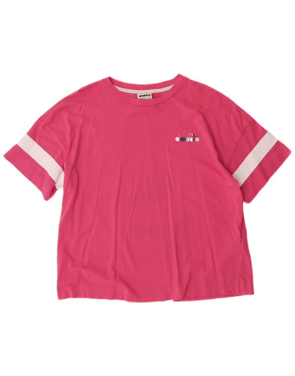 DIADORA Dame T-Shirt Top UK 14 Medium Pink Stribet Bomuld