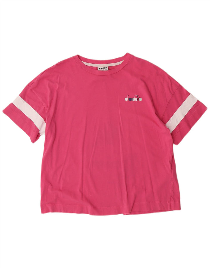 DIADORA Dame T-Shirt Top UK 14 Medium Pink Stribet Bomuld