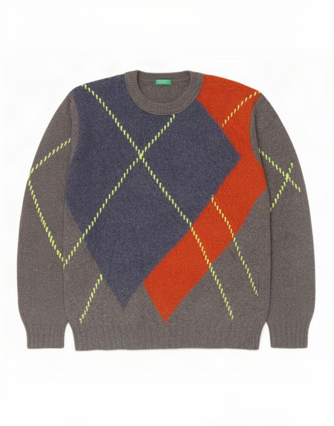 Benetton Herre Crew Neck trøje Sweater Large Grå Colourblock Uld